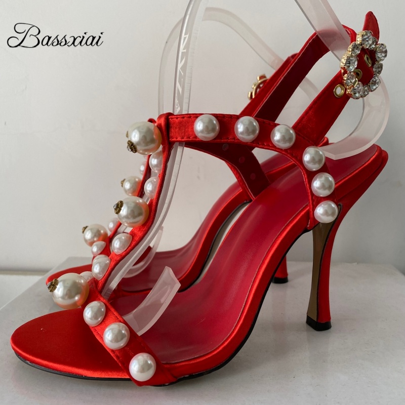 Sandal Strappy Heeled - İnci Boncuk Dekorlu T-Bantlı Stiletto Topuklu