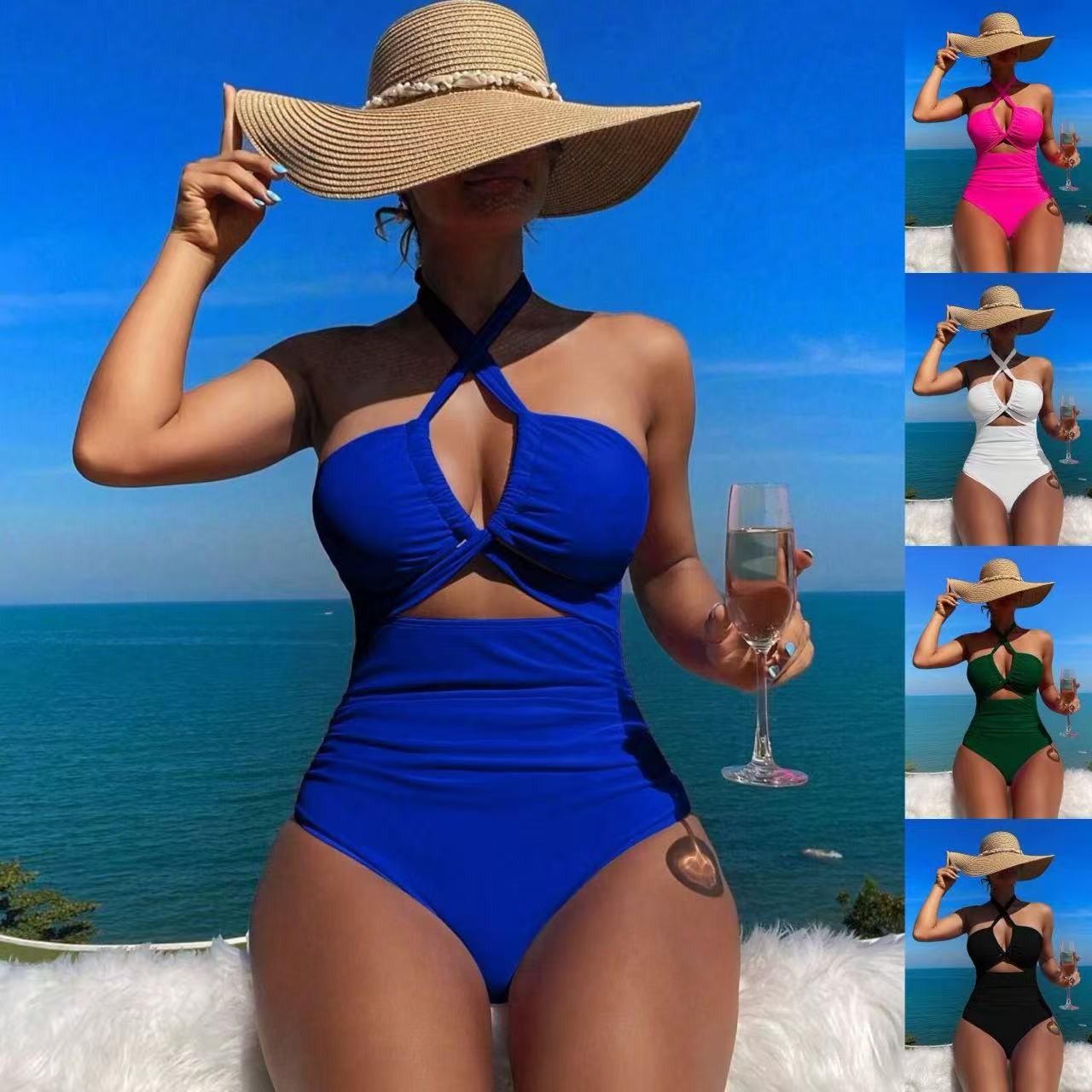 Swimsuit Bikini Ruched - Kadın Mayo Halter Yaka Düz Renk