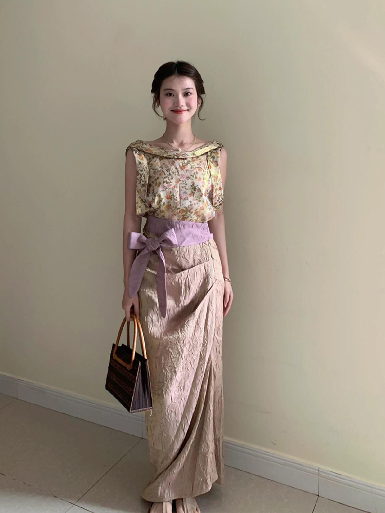 Midi Skirt Floral - XZY Vintage Çiçek Desenli Kolsuz Bluz