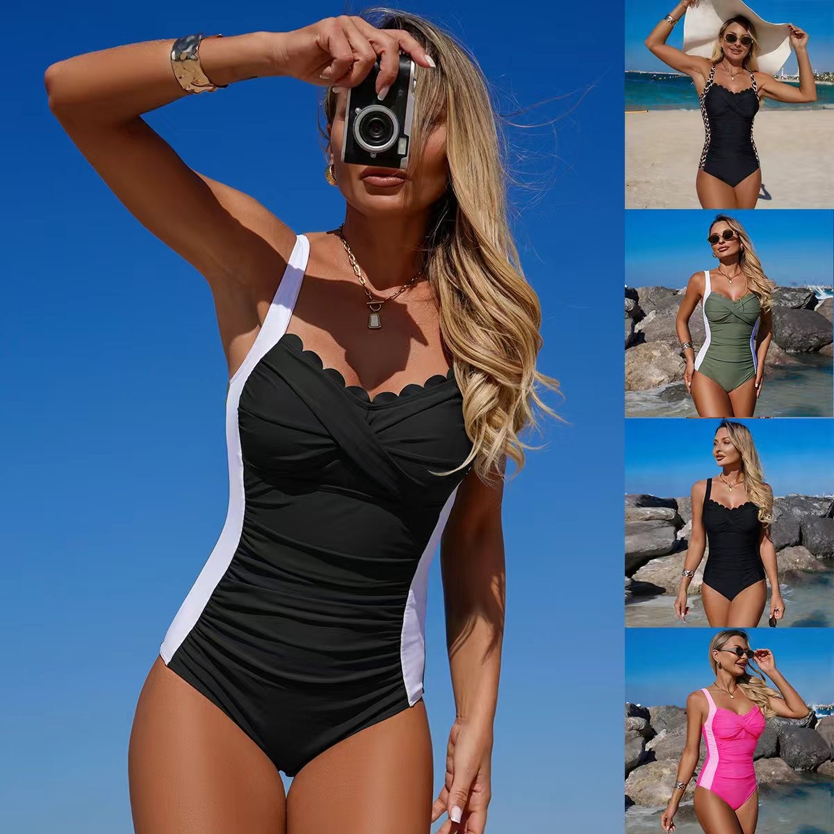 Swimsuit Bikini Ruched - Siyah Mayo Taraklı Yaka Detaylı Bükümlü