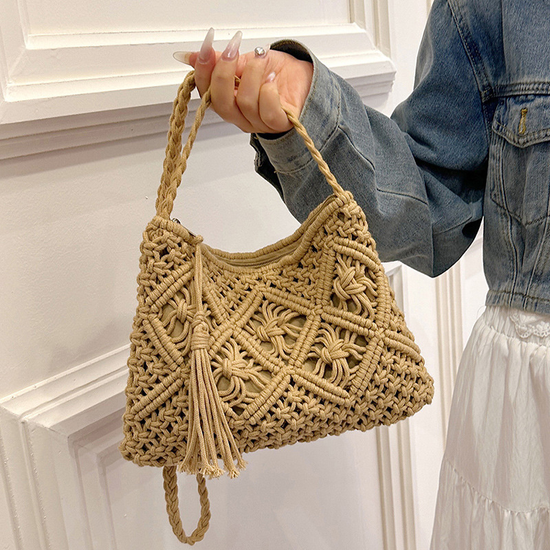 Crochet Bag Raffia - Moda dokuma Hollow Out omuz çantaları