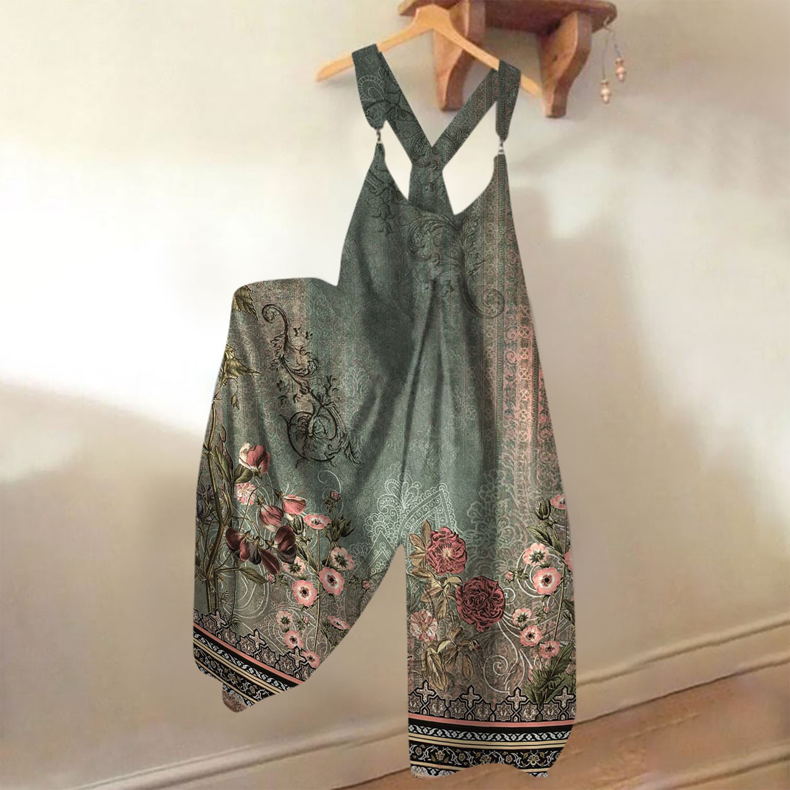 Romper Floral Print - Sonbahar kadın çiçek kabile baskı Patchwork
