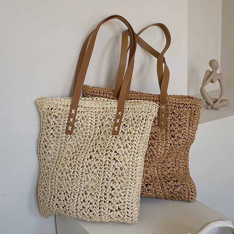 Crochet Bag Raffia - Kare Içi Boş Hasır Plaj Çantası