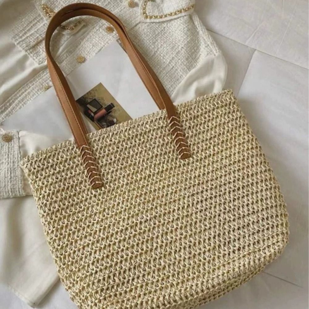 Tote Bag Beach - Sevimli Düz Renkli Hasır Örgü Çanta