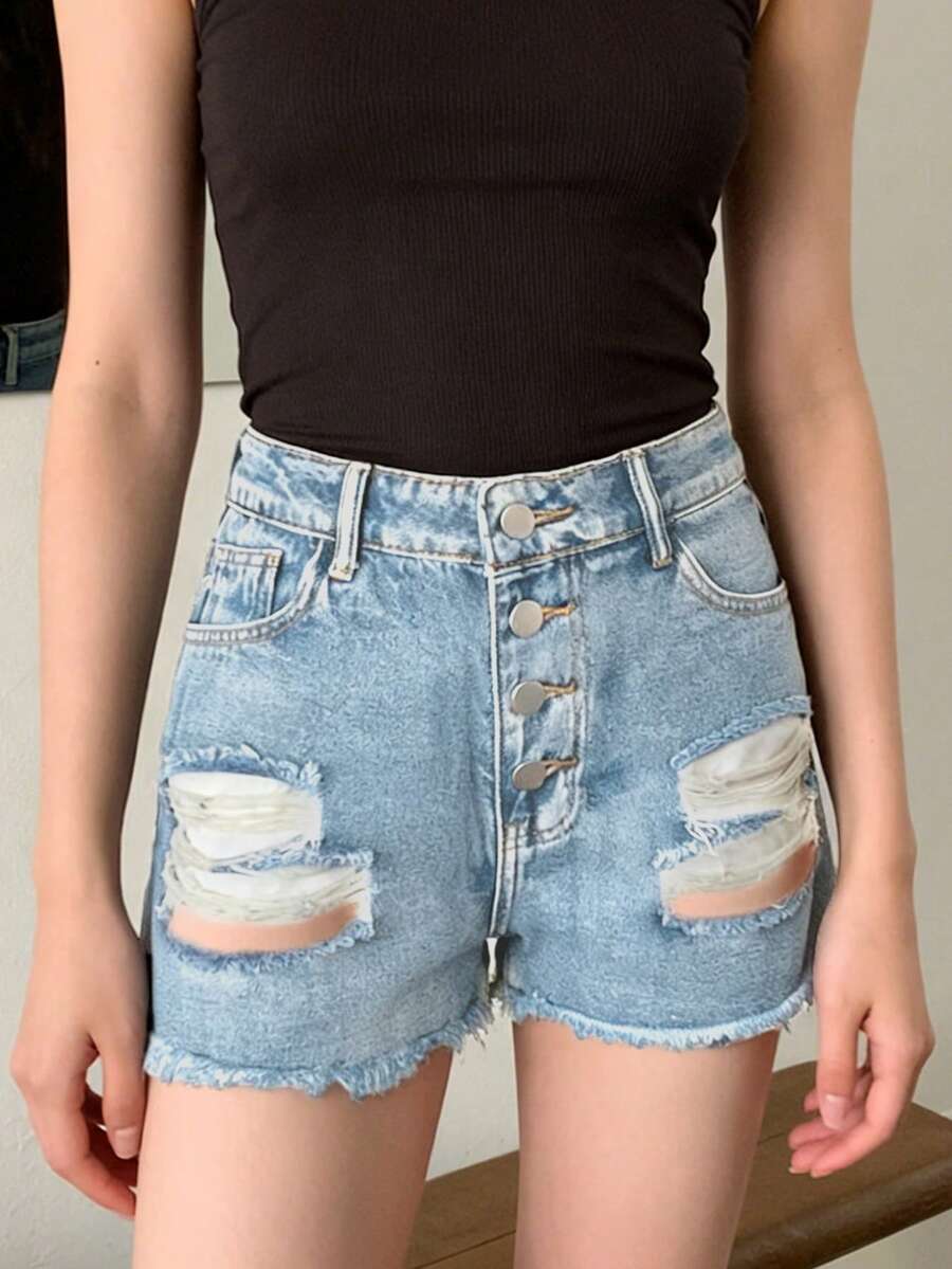 Kadınlar İçin Orta Bel Yırtık  - Shorts Denim Frayed incelemesi ve fiyatı
