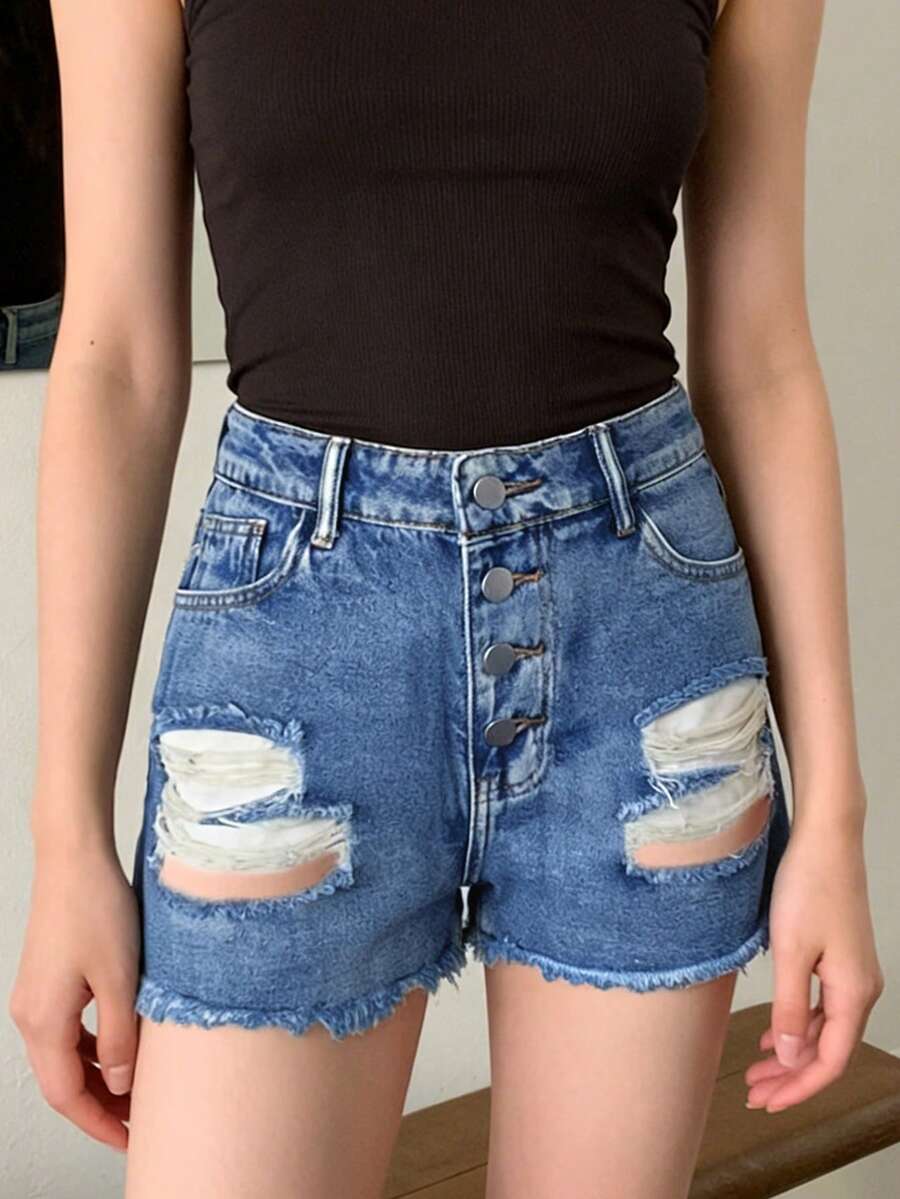 Kadınlar İçin Orta Bel Yırtık  - Shorts Denim Frayed incelemesi ve fiyatı
