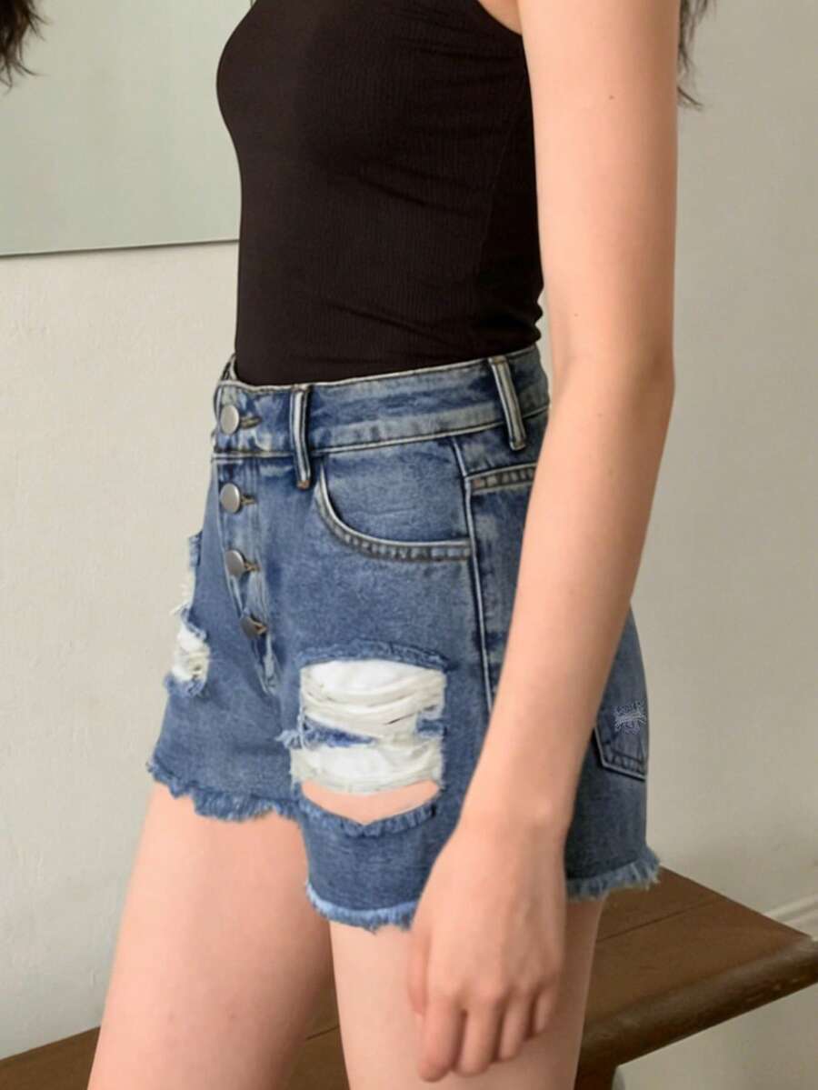Kadınlar İçin Orta Bel Yırtık  - Shorts Denim Frayed incelemesi ve fiyatı