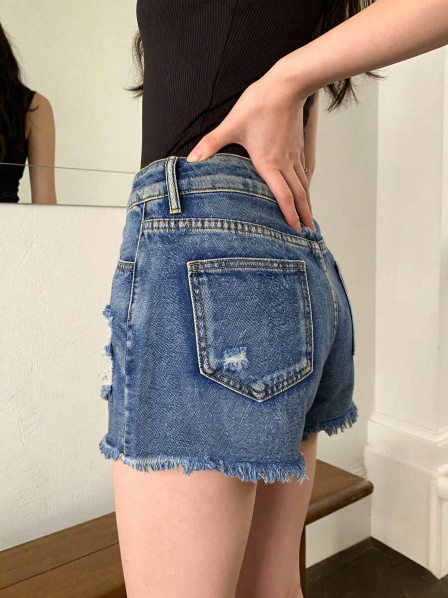Kadınlar İçin Orta Bel Yırtık  - Shorts Denim Frayed incelemesi ve fiyatı