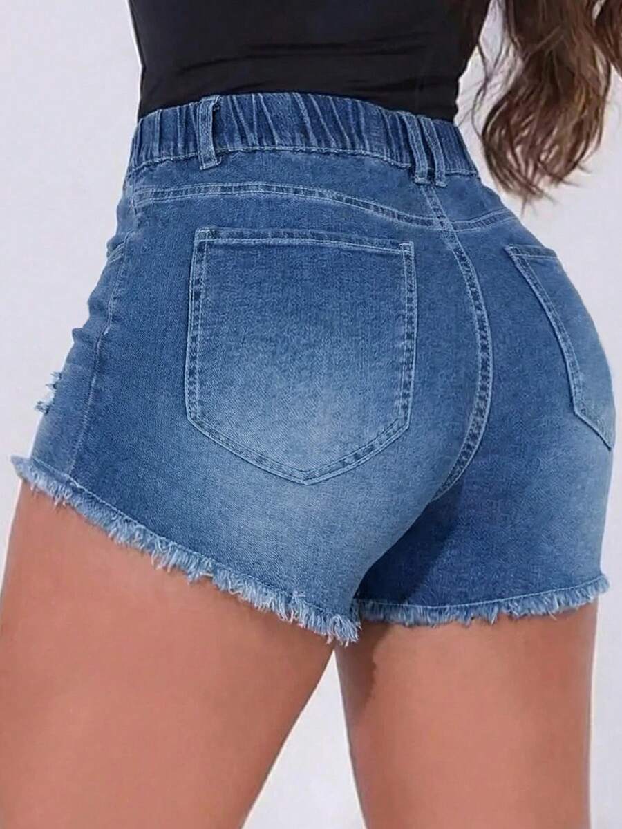 Bayan Elastik Bel Yıpranmış Et - Shorts Denim Frayed incelemesi ve fiyatı