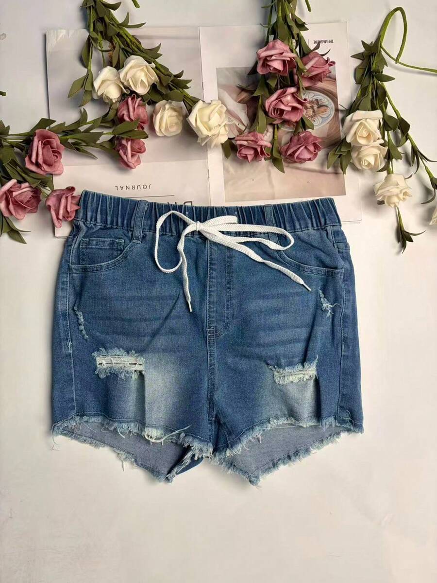 Bayan Elastik Bel Yıpranmış Et - Shorts Denim Frayed incelemesi ve fiyatı